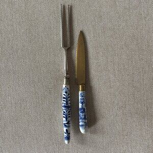 Vintage Bronze Bohemian Fruit Knife plus German Serving Fork Porcelain Handles